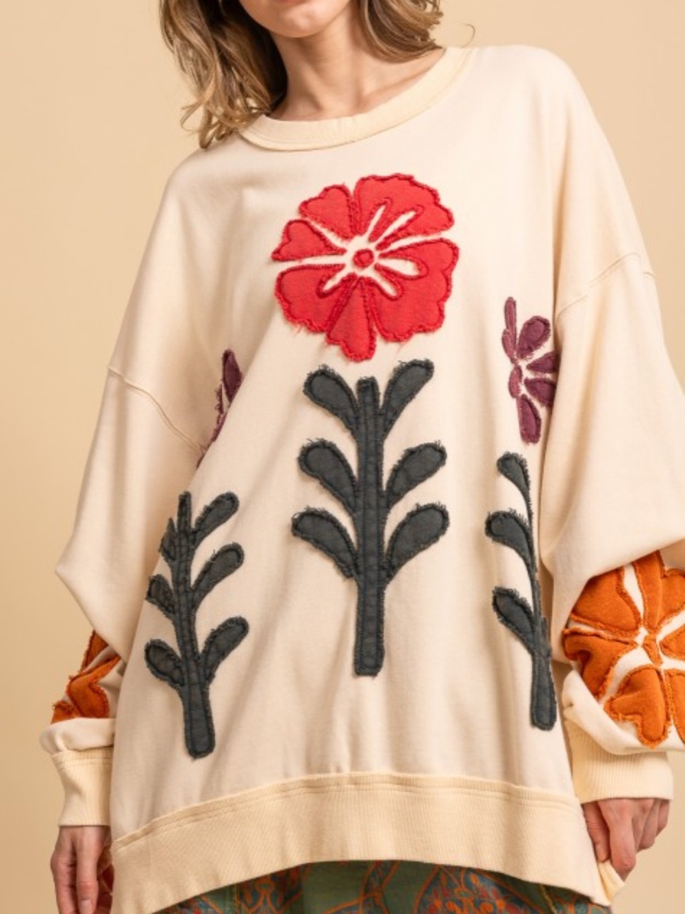 BF90–(SHIPPED) Cream Oversized Sweatshirt WITH Floral Patchwork AND POCKETS